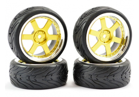 Fastrax 1/10 On-Road Wheel and Tyre Set 6-Spoke Gold Chrome FAST0087GC
