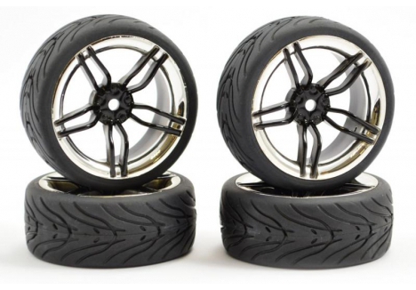 Fastrax 1/10 Street Tread Tyre 10-Spoke Black Chrome Wheel Set FAST0096BC