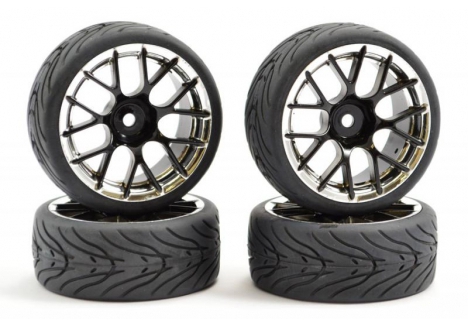 Fastrax 1/10 Street Tread Tyre 14-Spoke Black Chrome Wheel 12mm Hex FAST0097BC