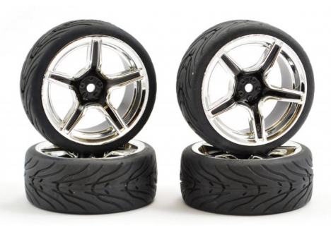 Fastrax 1/10 Street Tread Tyre 5-Spoke Black Chrome Wheel 12mm Hex FAST0095BC
