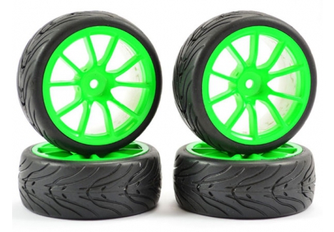 Fastrax 1/10 Street Tyre 10 Spoke Wheels Neon Green On-Road RC FAST0072G