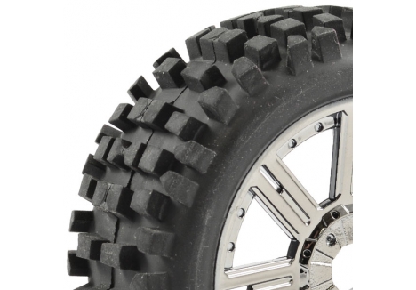 Fastrax 1/8 Rock Block Tyres 8-Spoke Black Chrome Wheels 17mm Hex FAST1001BC