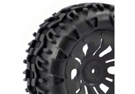 Fastrax Klaxon 1/10 Truck Tyre Mounted on 12-Spoke Black Wheel 12mm Hex FAST0068B