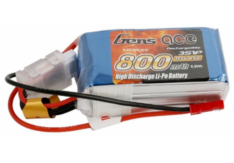 Gens Ace 3S 11.1V 800mAh 45C LiPo Battery with BEC O-G3S0800-45B