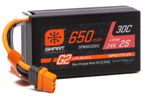 Spektrum 7.4V 650mAh 2S Smart G2 30C LiPo Battery IC2 Connector O-SPMX652SH2