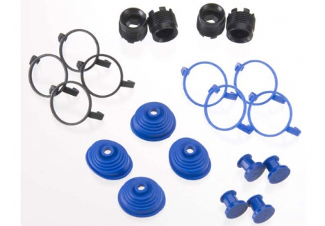 Traxxas Pivot ball caps (4 pcs) / dust boots, rubber (4 pcs) / dust plugs, rubber (4 pcs) / dust boot retainers, Black (4 pcs), Blue (4 pcs) (2 pkgs. req. to complete truck) TRX5378X