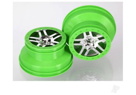 Traxxas Wheels, SCT Split-Spoke, chrome, green beadlock style, dual profile (2.2" outer 3.0" inner) (4WD front/rear, 2WD rear) (2) TRX6872X